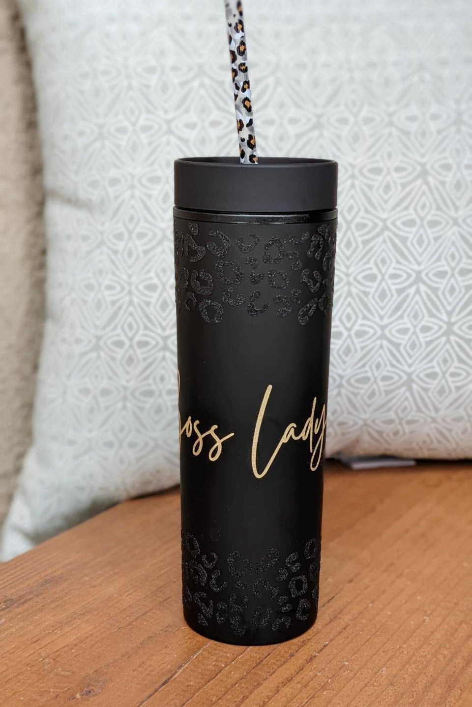 Matte Black Skinny 16oz Acrylic Insulated Tumbler, Boss Lady or Mama Leopard Glitter- Cute Decorative Straw BPA FREE