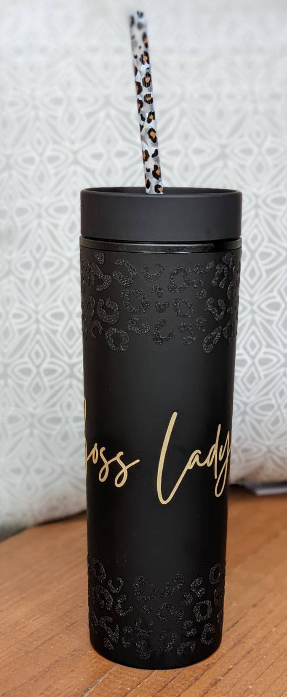 Matte Black Skinny 16oz Acrylic Insulated Tumbler, Boss Lady or Mama Leopard Glitter- Cute Decorative Straw BPA FREE