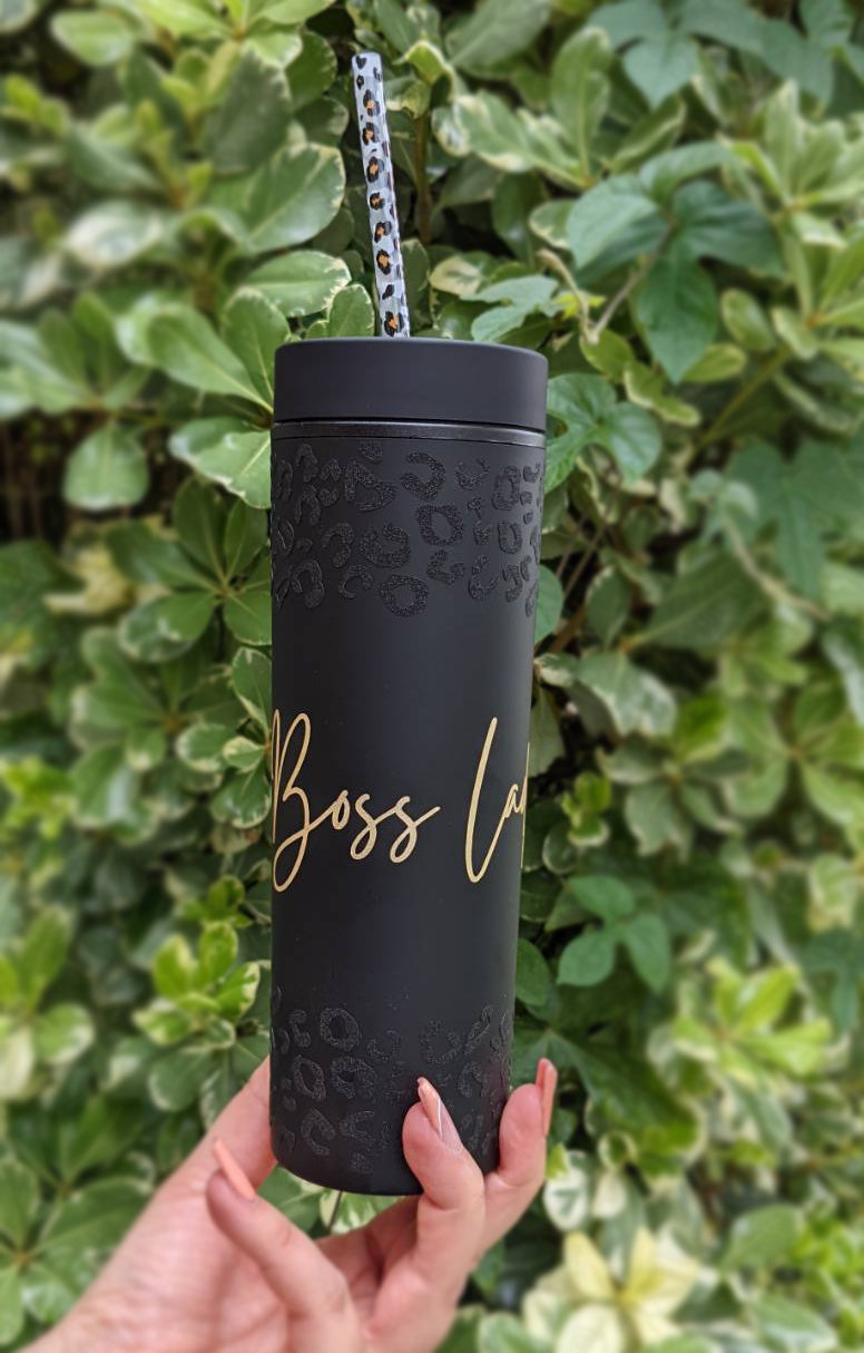 Matte Black Skinny 16oz Acrylic Insulated Tumbler, Boss Lady or Mama Leopard Glitter- Cute Decorative Straw BPA FREE