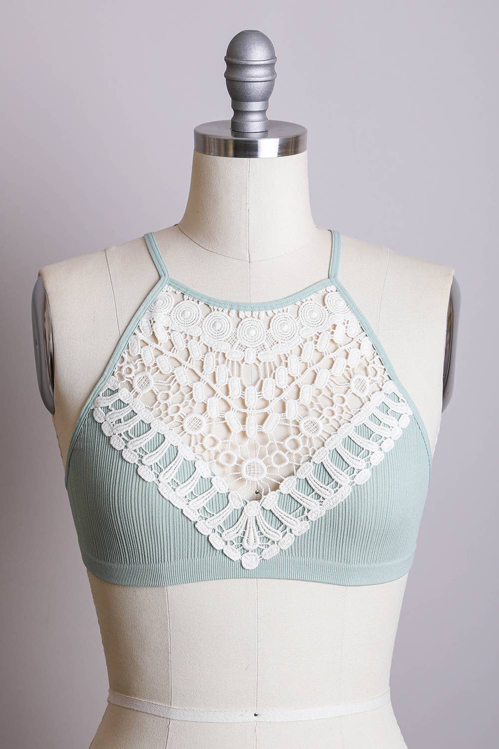 Crochet Lace High Neck Bralette in Soft Sage