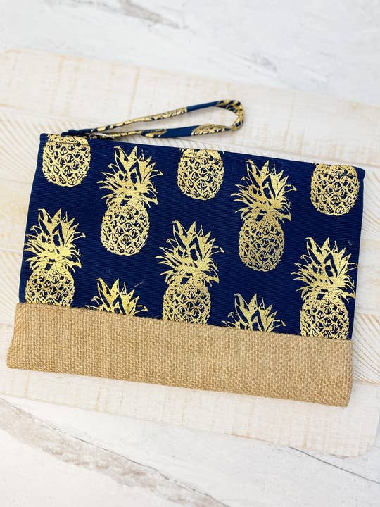 Metallic Pineapple Zip Pouch in Navy Blue