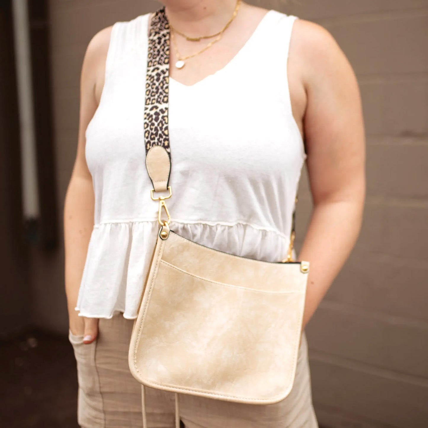 Caitlyn Faux Leather Crossbody Bag with Leopard Print Strap