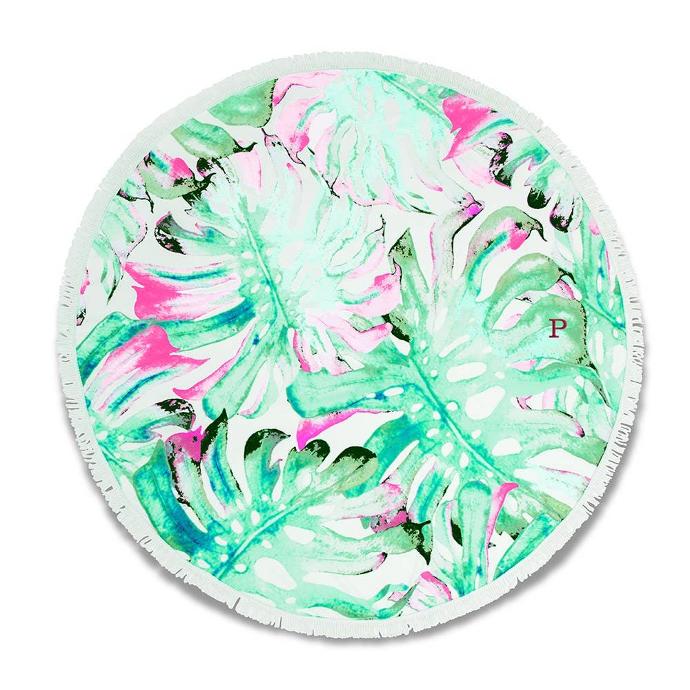 Round Beach Towel - Tropical Leaves Pattern