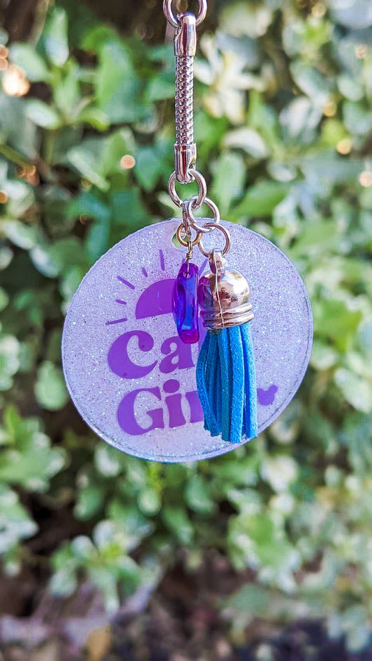 Cali Girl Acrylic, Glitter Keychain with charms, Tassel, Seashell, 2 inch Keychain