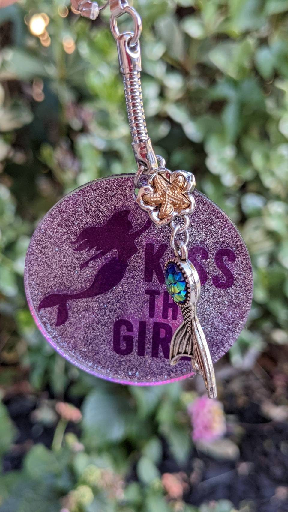 Kiss The Girl Keychain, Ariel on Glitter Vinyl 2 inch keychain with charms