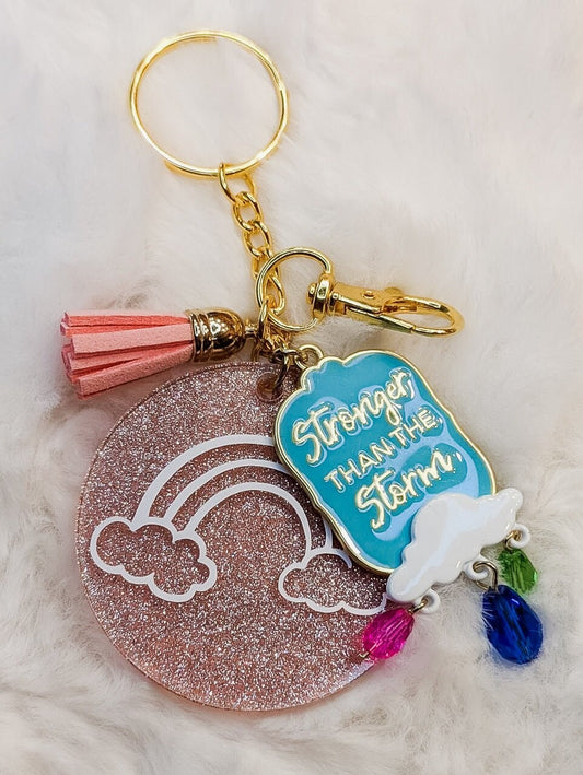 Rainbow and Strom Keychain, Stronger Keychain, Acrylic Glitter Vinyl 2 inch Keychain with charms Stronger than yesterday