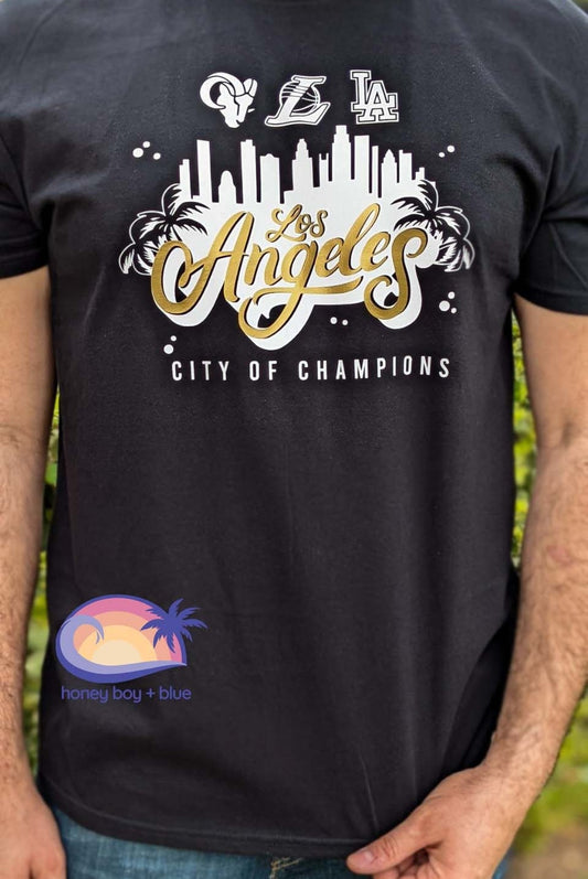 Los Angeles City Of Champions Tshirt, Rams, Dodgers, Lakers, Unisex Black-White-Gold World Series, Super Bowl, NBA Champs