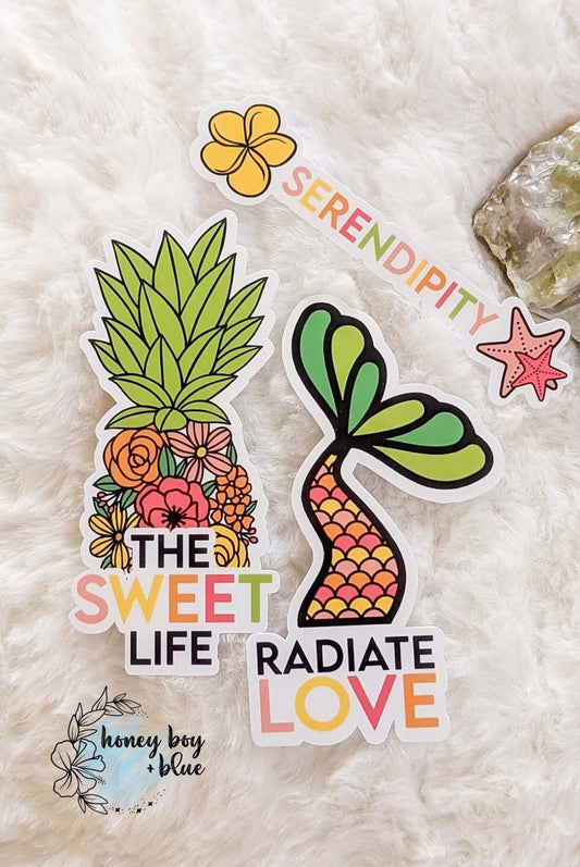 3 Pack Tropical Beachy Vinyl Stickers, laptop sticker, phone stickers, serendipity sticker, mermaid sticker