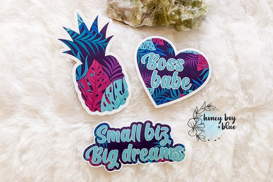 3 Pack Tropical Pineapple Small Business Vinyl Stickers, laptop sticker, phone stickers, boss babe sticker