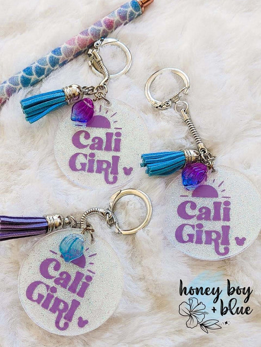 Cali Girl Acrylic, Glitter Keychain with charms, Tassel, Seashell, 2 inch Keychain