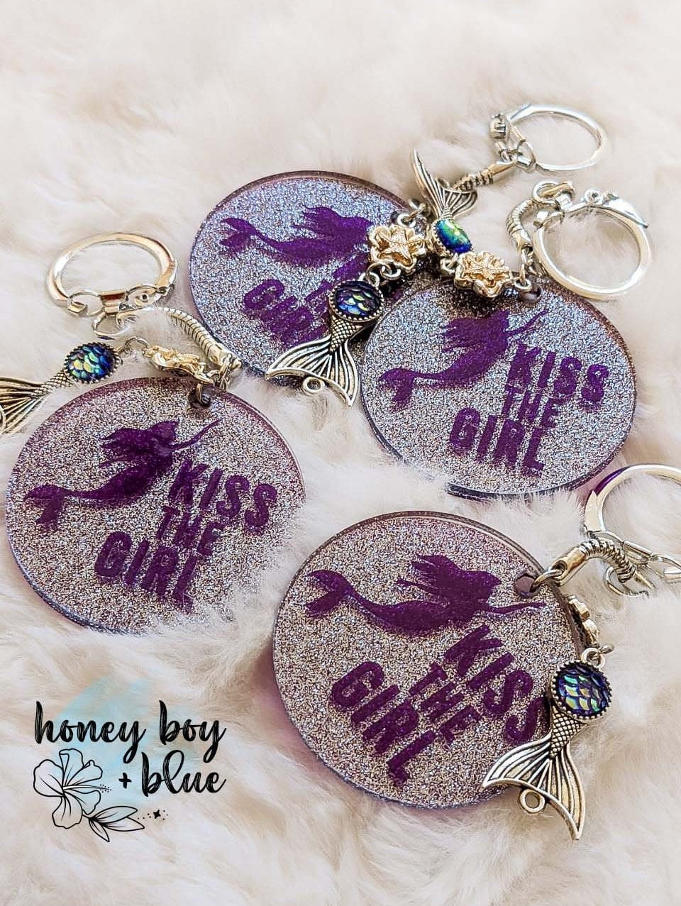 Kiss The Girl Keychain, Ariel on Glitter Vinyl 2 inch keychain with charms