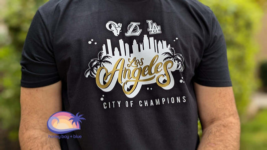 Los Angeles City Of Champions Tshirt, Rams, Dodgers, Lakers, Unisex Black-White-Gold World Series, Super Bowl, NBA Champs