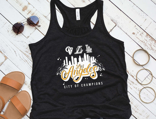 Los Angeles, City of Angels City of Champions Ladies Flowy gathered back Tank top in black. LA Rams, Dodgers, Lakers Champs Tank