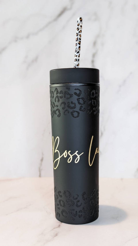 Matte Black Skinny 16oz Acrylic Insulated Tumbler, Boss Lady or Mama Leopard Glitter- Cute Decorative Straw BPA FREE