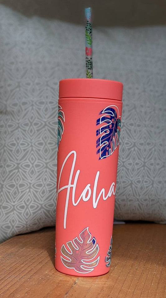 Coral Skinny 16oz Acrylic Insulated Tumbler, Mama or Aloha Tropical- Cute Decorative Straw BPA FREE