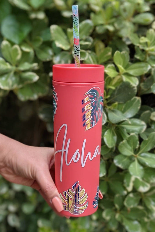 Coral Skinny 16oz Acrylic Insulated Tumbler, Mama or Aloha Tropical- Cute Decorative Straw BPA FREE